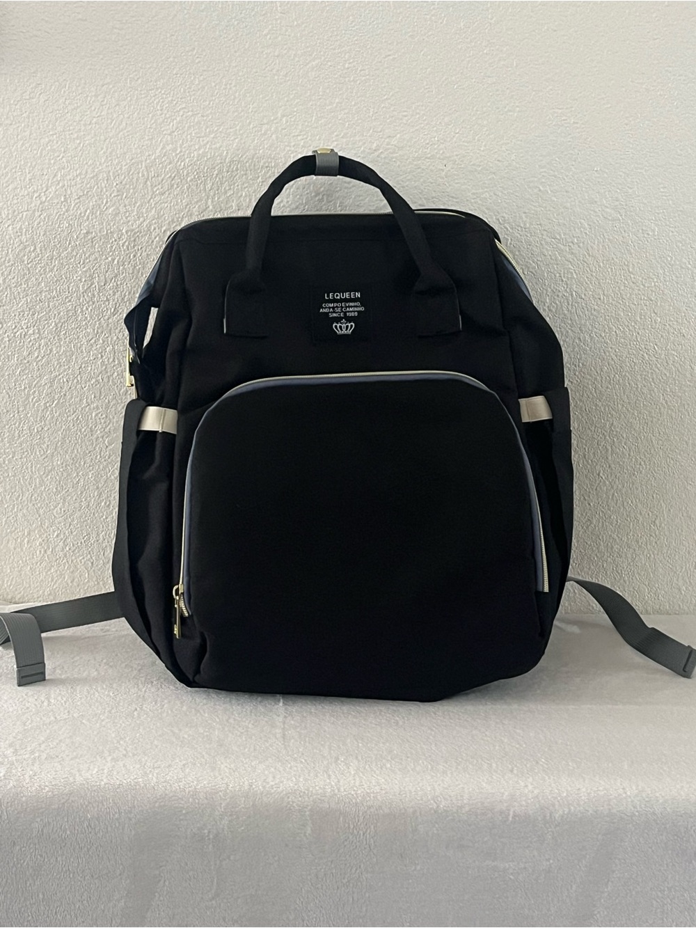 LEQUEEN Baby Diaper Bag Backpack Portable Crib Changing Station Black & Gray